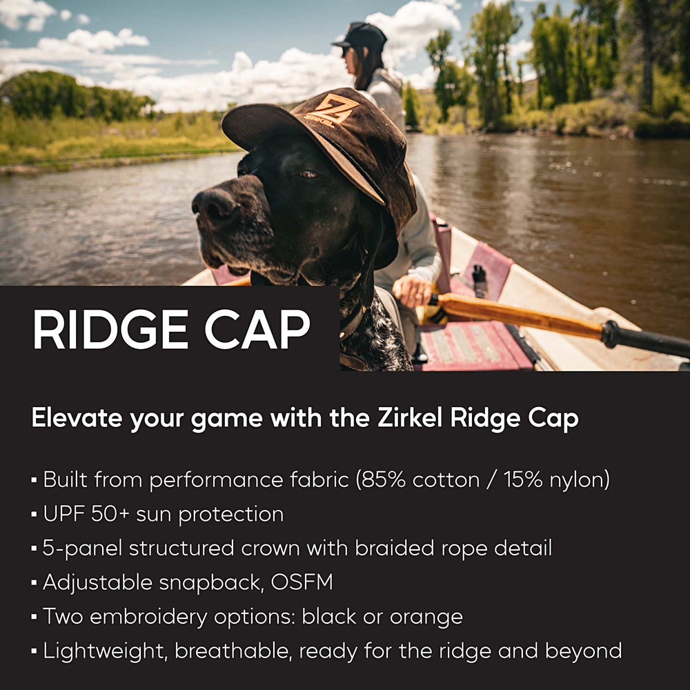 Dog wearing a Zirkel Ridge Cap on a boat with text about the cap's features.